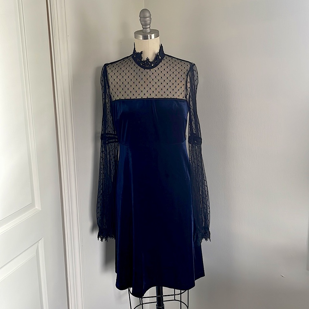 ABS Blue Velvet Dress with Black Sleeves